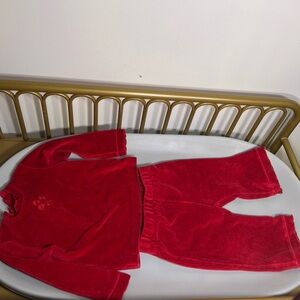 Vintage velour Cozy Red sweatsuit set w/ embroidered flower & ruffles no flaws